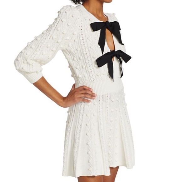 Alice + Olivia Kitty Bow Front Sweater Dress Cream - Picture 3 of 12